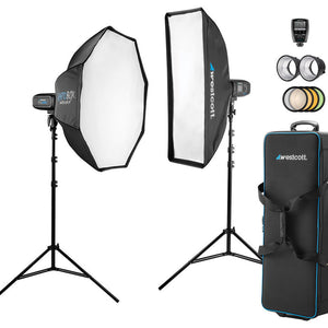 Westcott FJ400 Strobe 2-Light Location Kit with FJ-X2m Universal Wireless Trigger and Rapid Box Switch Octa-M and 1x3 Strip Bank
